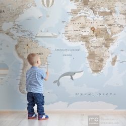 Бесшовные детские обои Карта мира подробная, арт. kp03, Mondeco