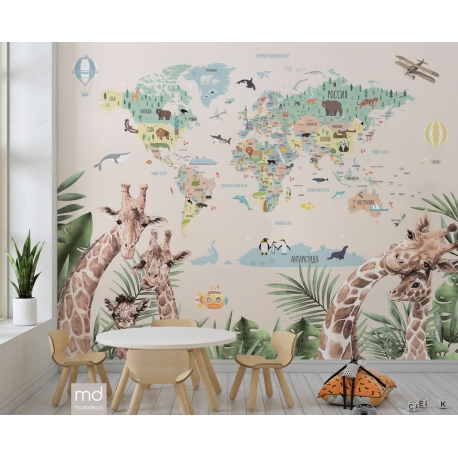 Бесшовные фотообои фреска Карта мира подробная, арт. kp12, Mondeco